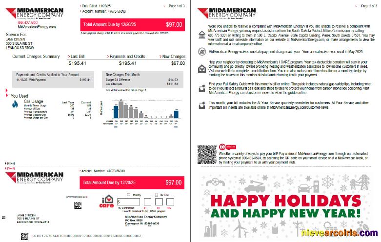 USA MidAmerican Energy Company utility bill, 3 pages, 1-2 pages